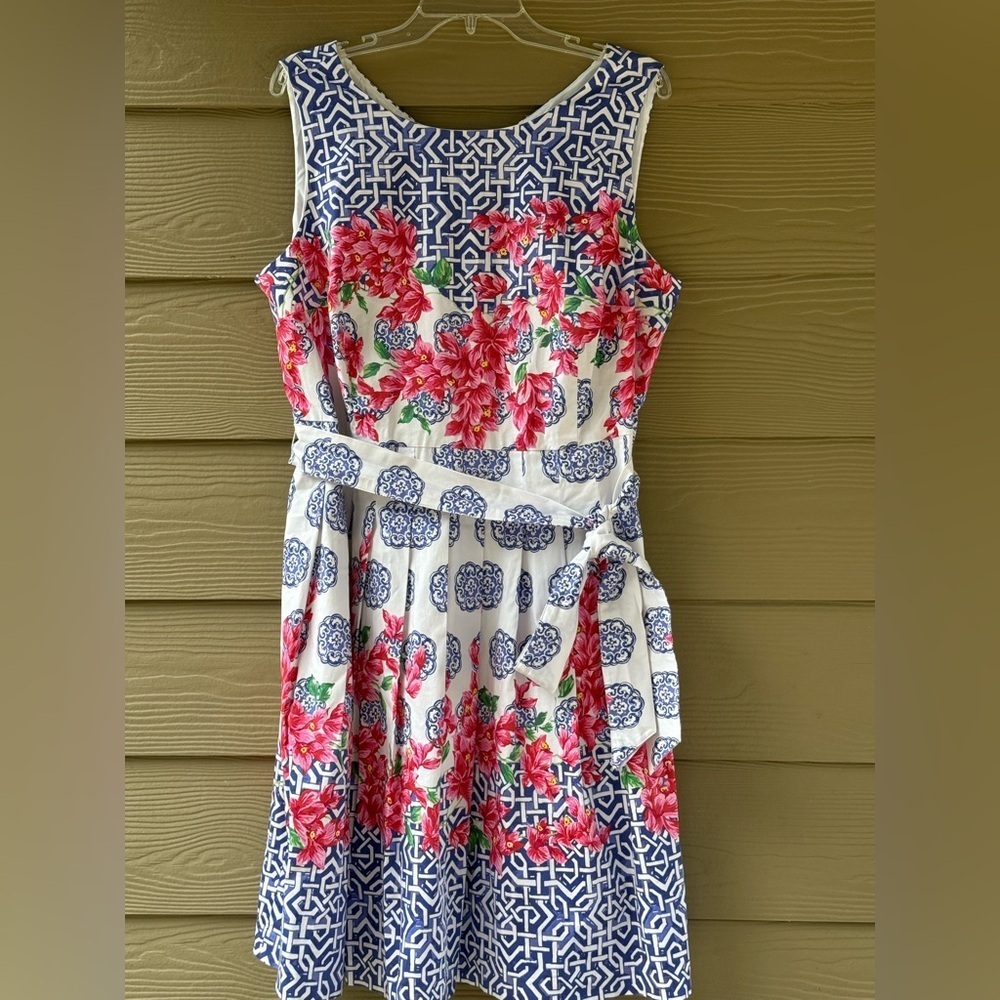 TALBOTS Mosaic Floral Sateen Pink Blue Cotton Stretch Fit & Flare Dress Sz 16WP - Picture 6 of 15